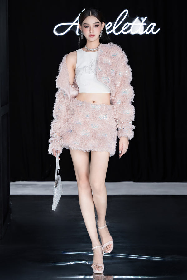Narci A-line Sequin Faux Fur Mini Skirt