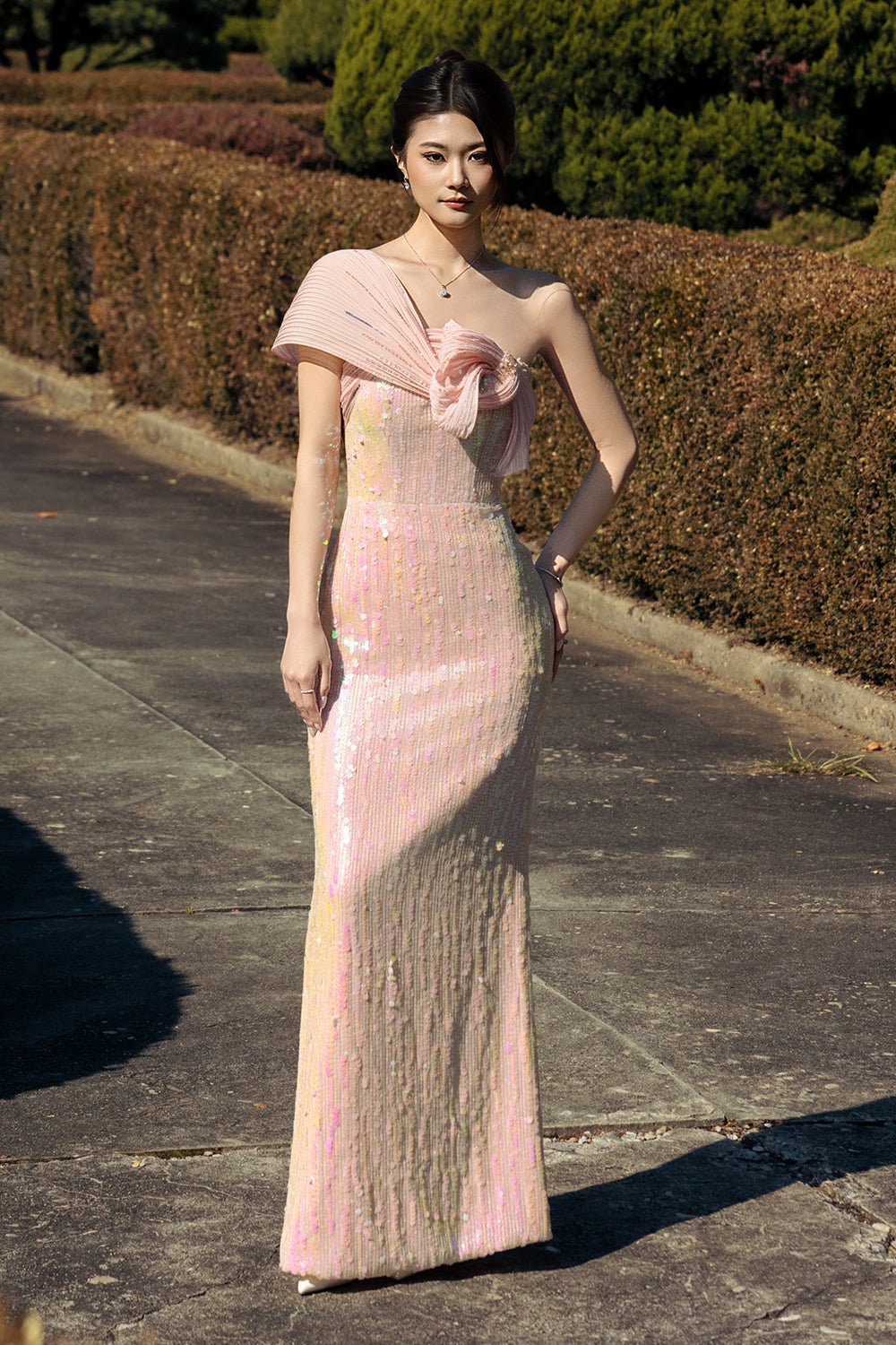 Astrelle Asymmetric Neck Sequin Maxi Dress