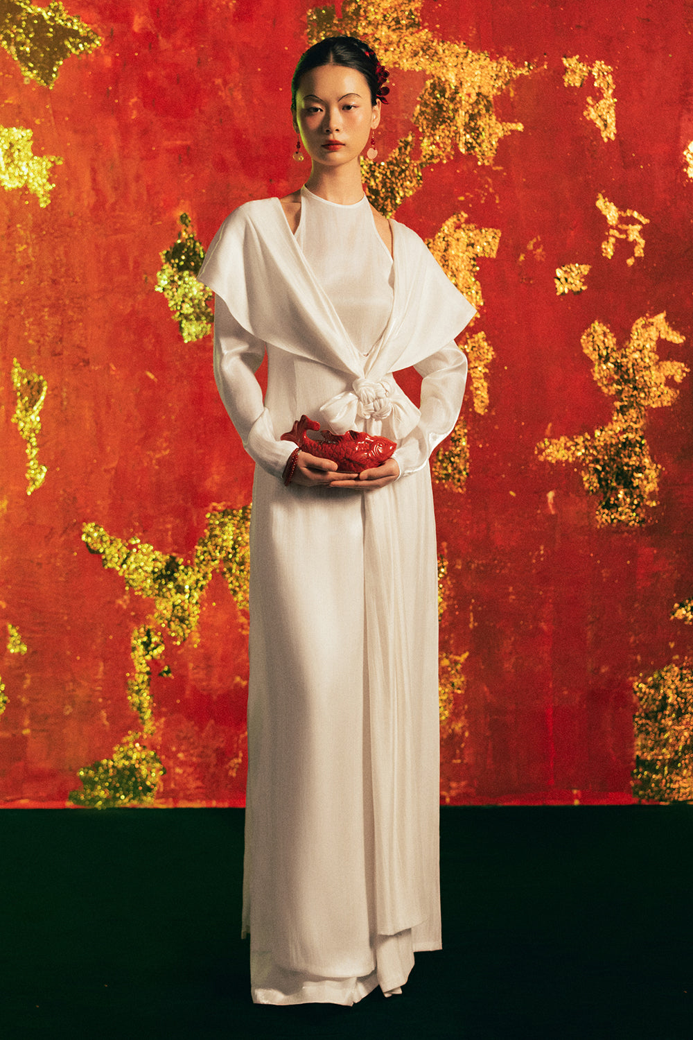 Yen Vu Mock Neck Synthetic Silk Ao Dai