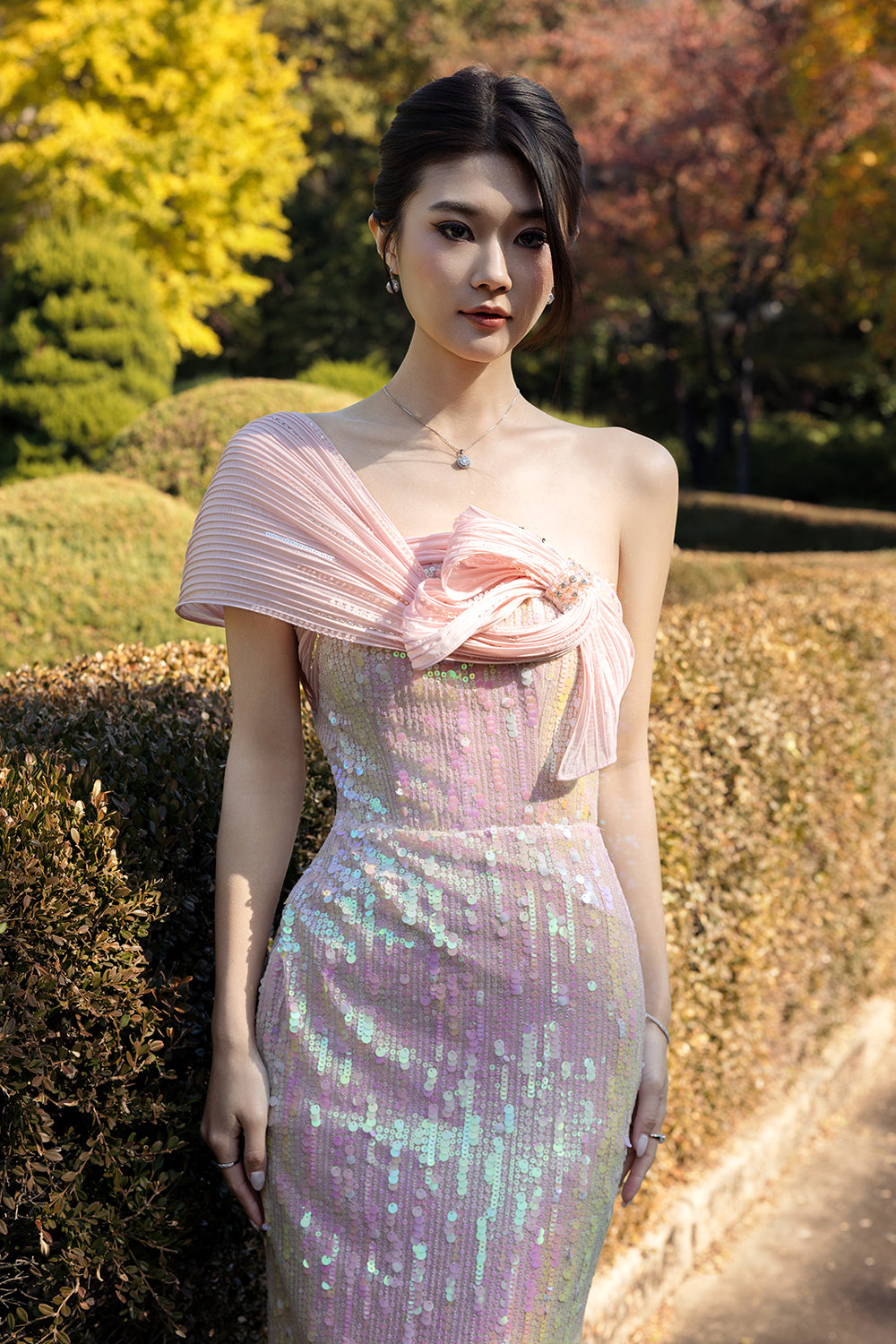 Astrelle Asymmetric Neck Sequin Maxi Dress