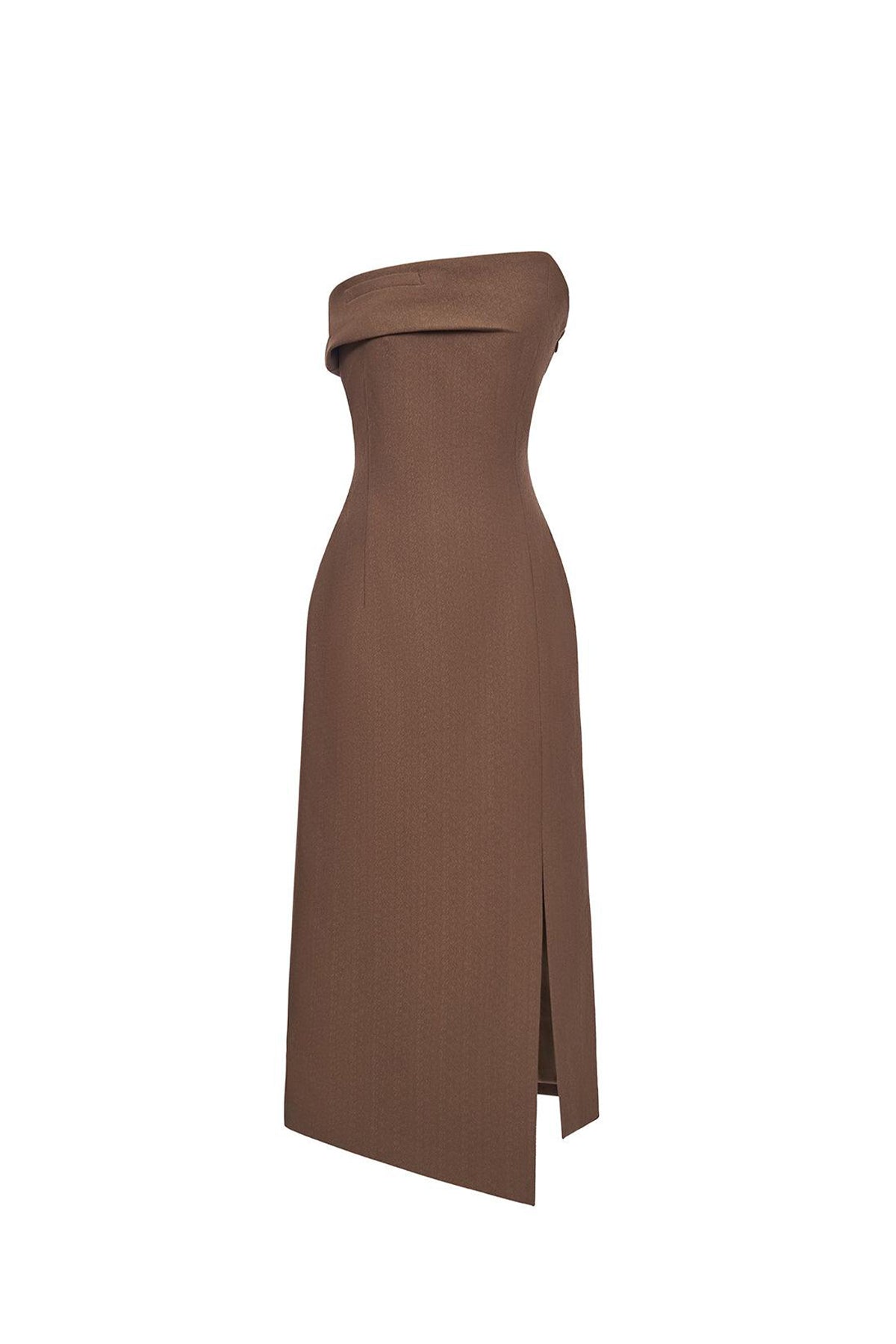 Lyra Strapless Side Slit Crepe Midi Dress