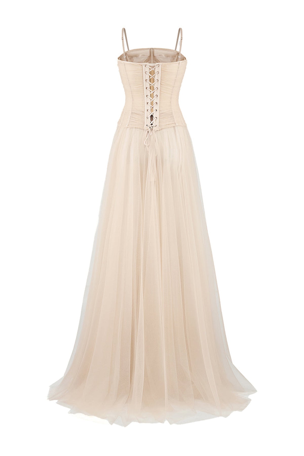 Halo Fit and Flare Spaghetti Strap Mesh Floor Length Dress