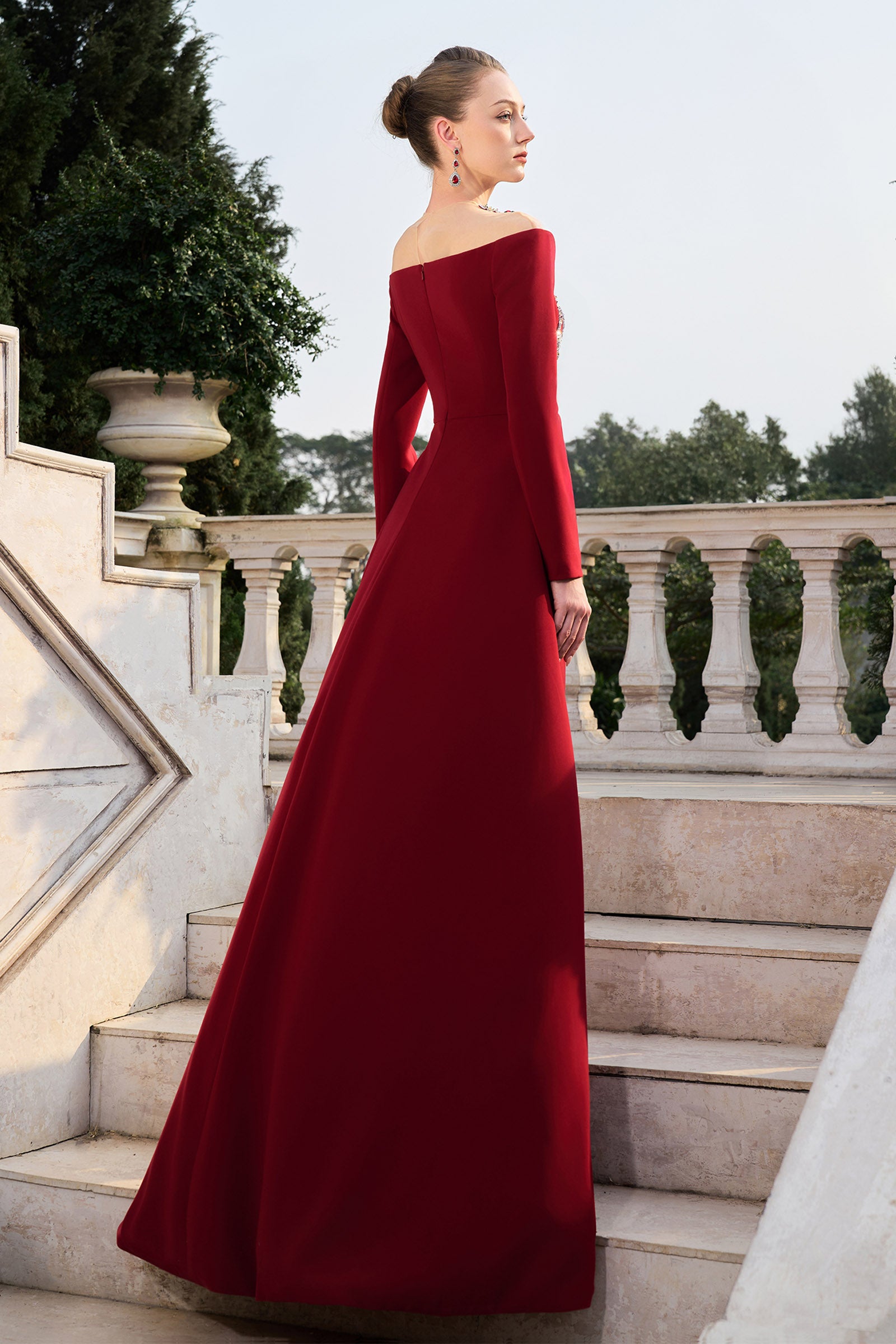 red illusion dress red beaded dress Crystals Red Beaded Illusion Neck Trumpet Prom Dress