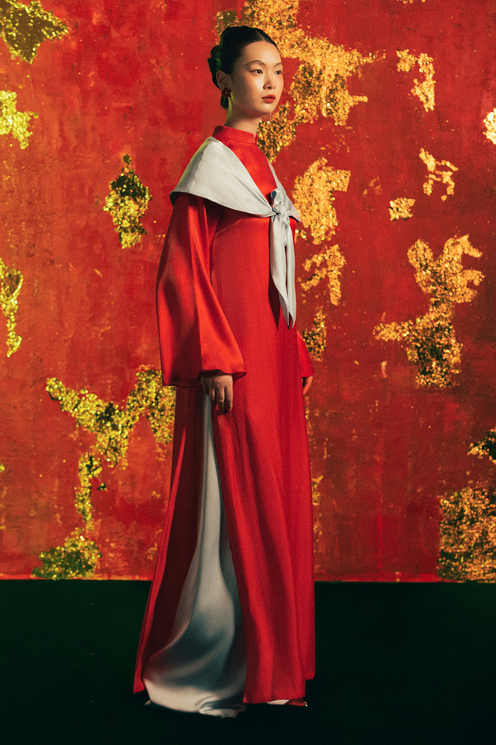 Phuc Mien Mandarin Neck Synthetic Silk Ao Dai Set