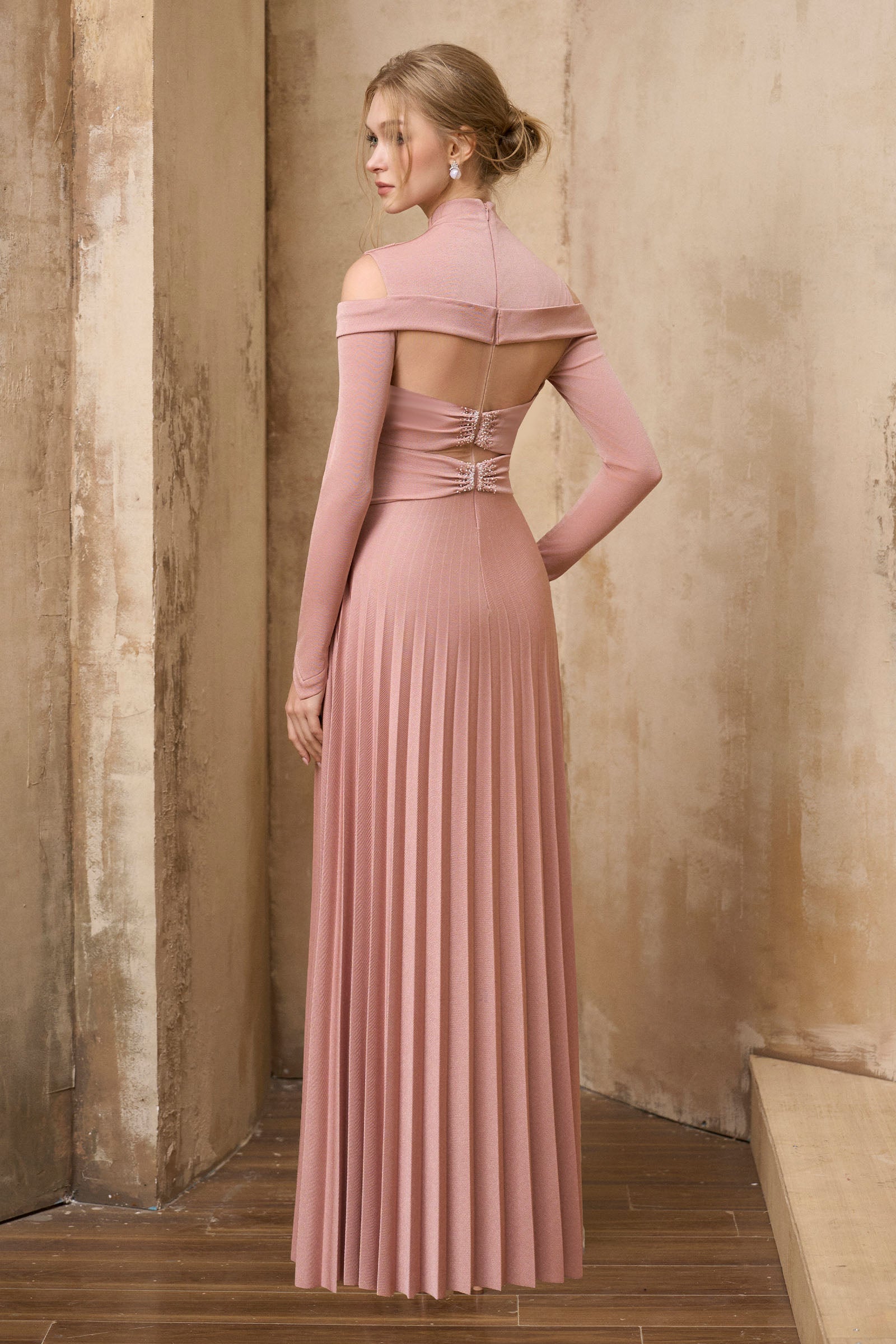 Women's Amandine Cold Shoulder Sleeve Maxi Dress Pastel Pink S/M/L/Customize MEAN BLVD Pastel Pink / S Women's Amandine Cold Shoulder Sleeve Maxi Dress Pastel Pink S/M/L/Customize MEAN BLVD Pastel Pink / S