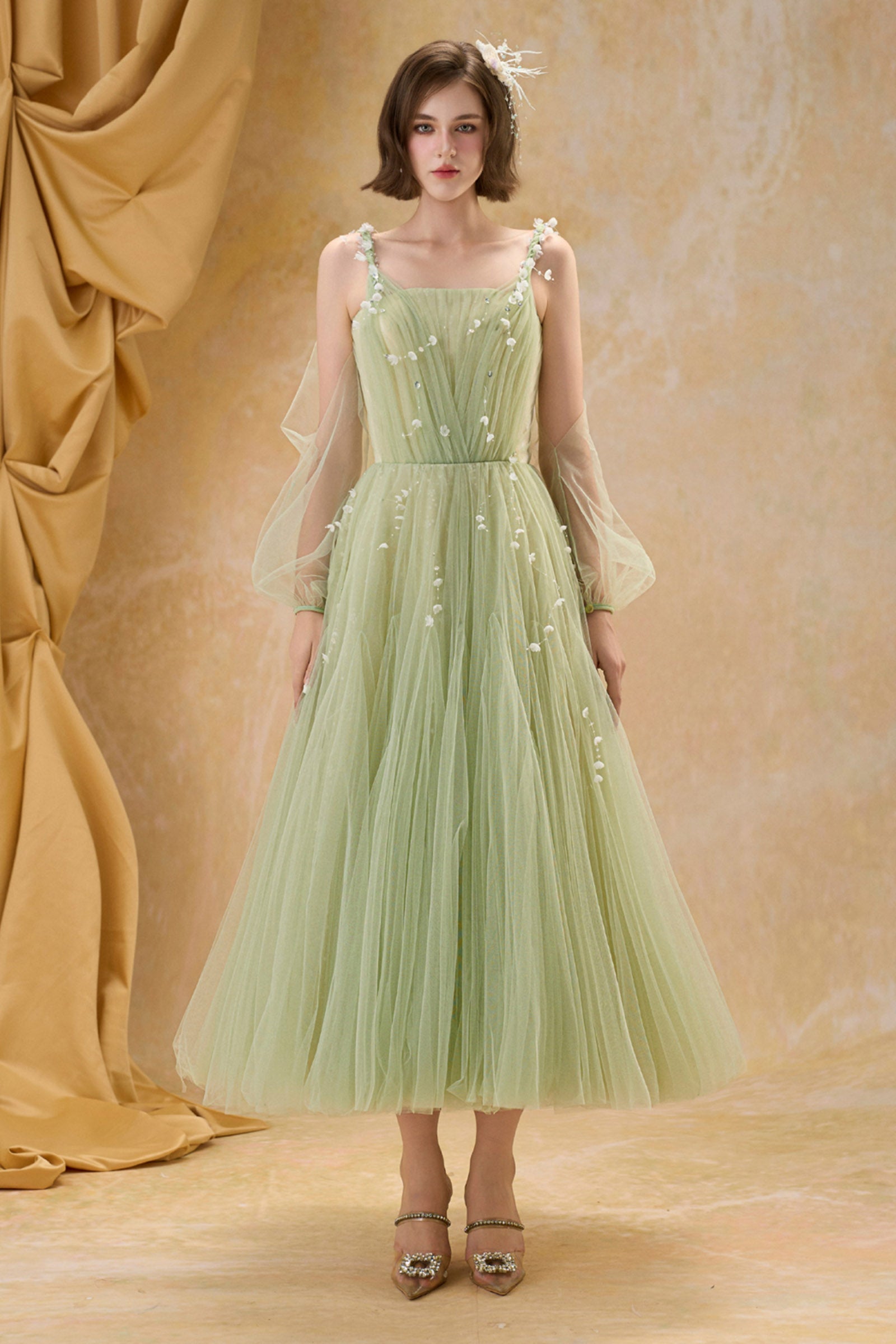 Lilys Square Neck Applique Midi Dress