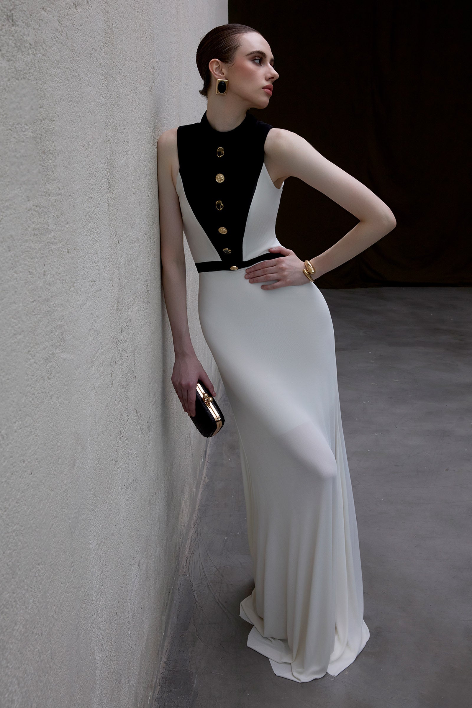 Women's Aster High Neck Button Maxi Dress S/M/L/XL/XXL/Customize Ivory &  Black MEAN BLVD