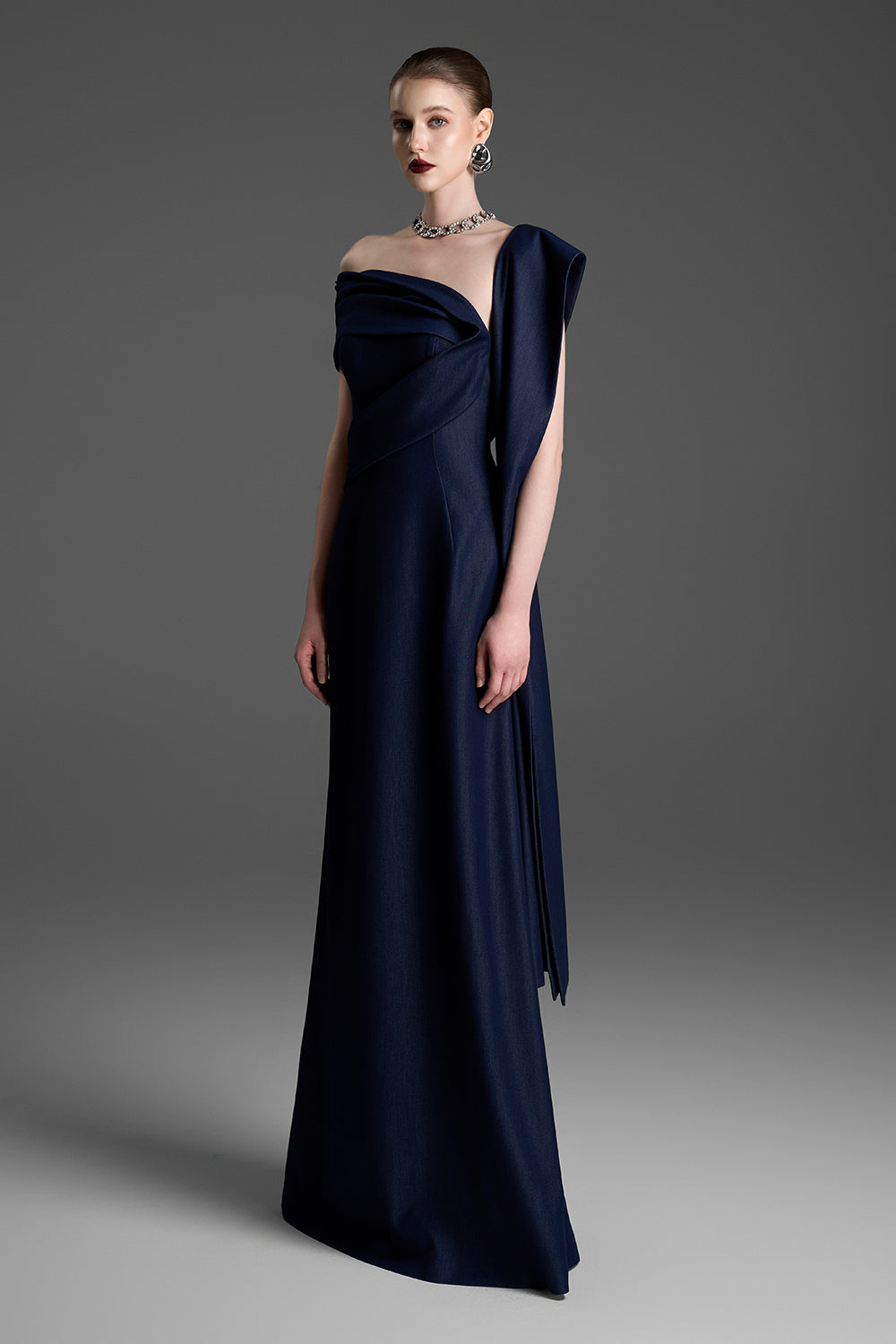 Mireille Asymmetric Neck Draped Maxi Dress
