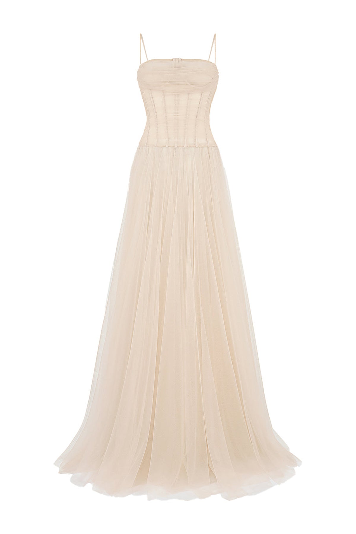Halo Fit and Flare Spaghetti Strap Mesh Floor Length Dress
