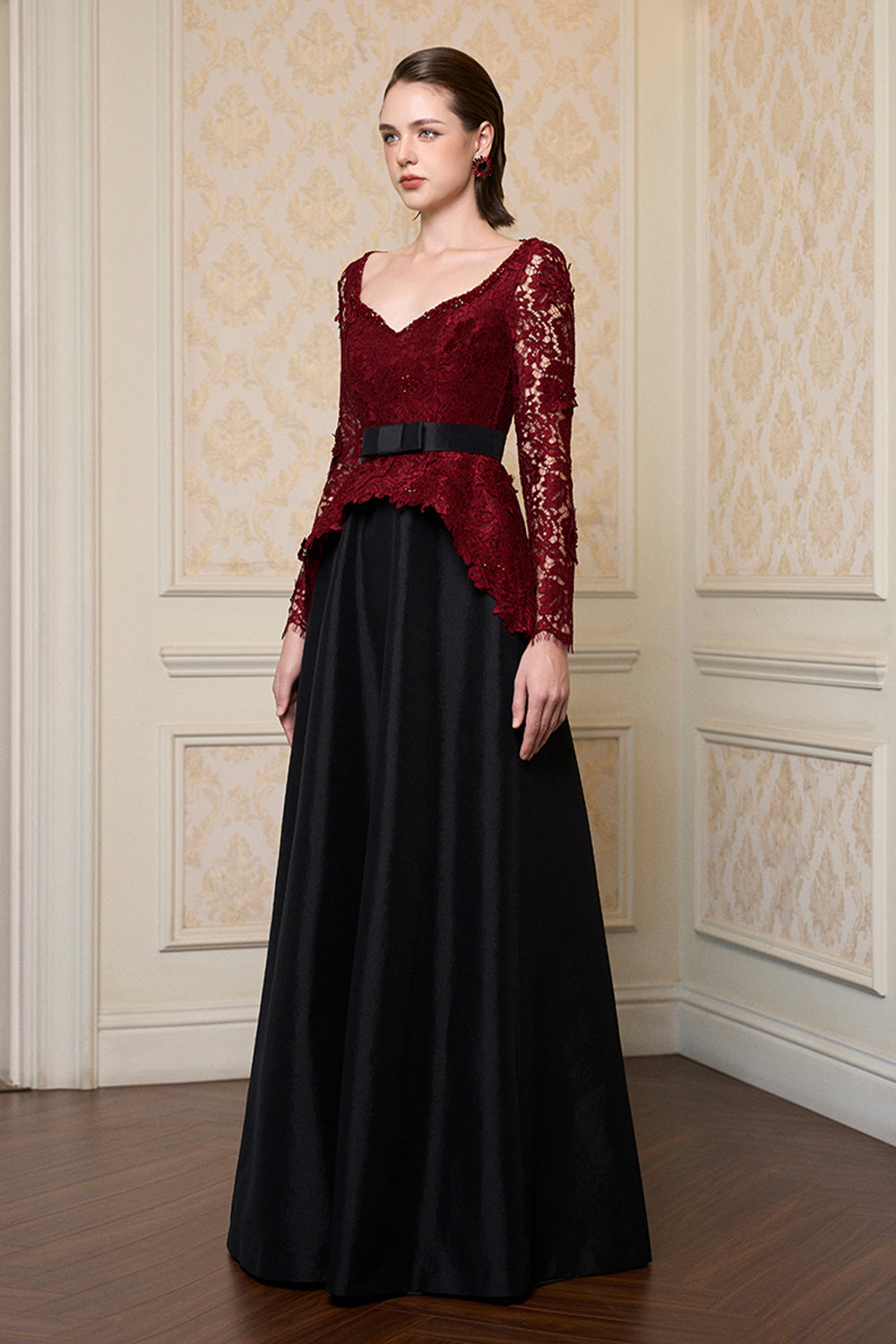 peplum maxi dress Women's Rosée Peplum Maxi Dress Burgundy & Black XS/S/M/L/XL/XXL/Customize MEAN BLVD, Burgundy & Black / XS