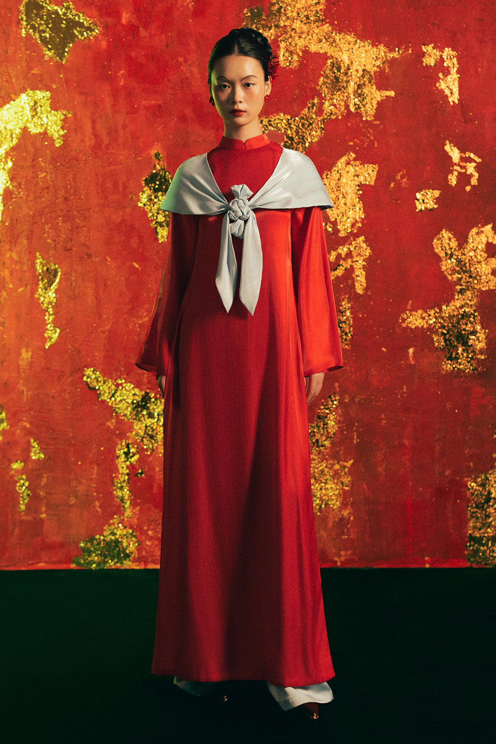 Phuc Mien Mandarin Neck Synthetic Silk Ao Dai Set