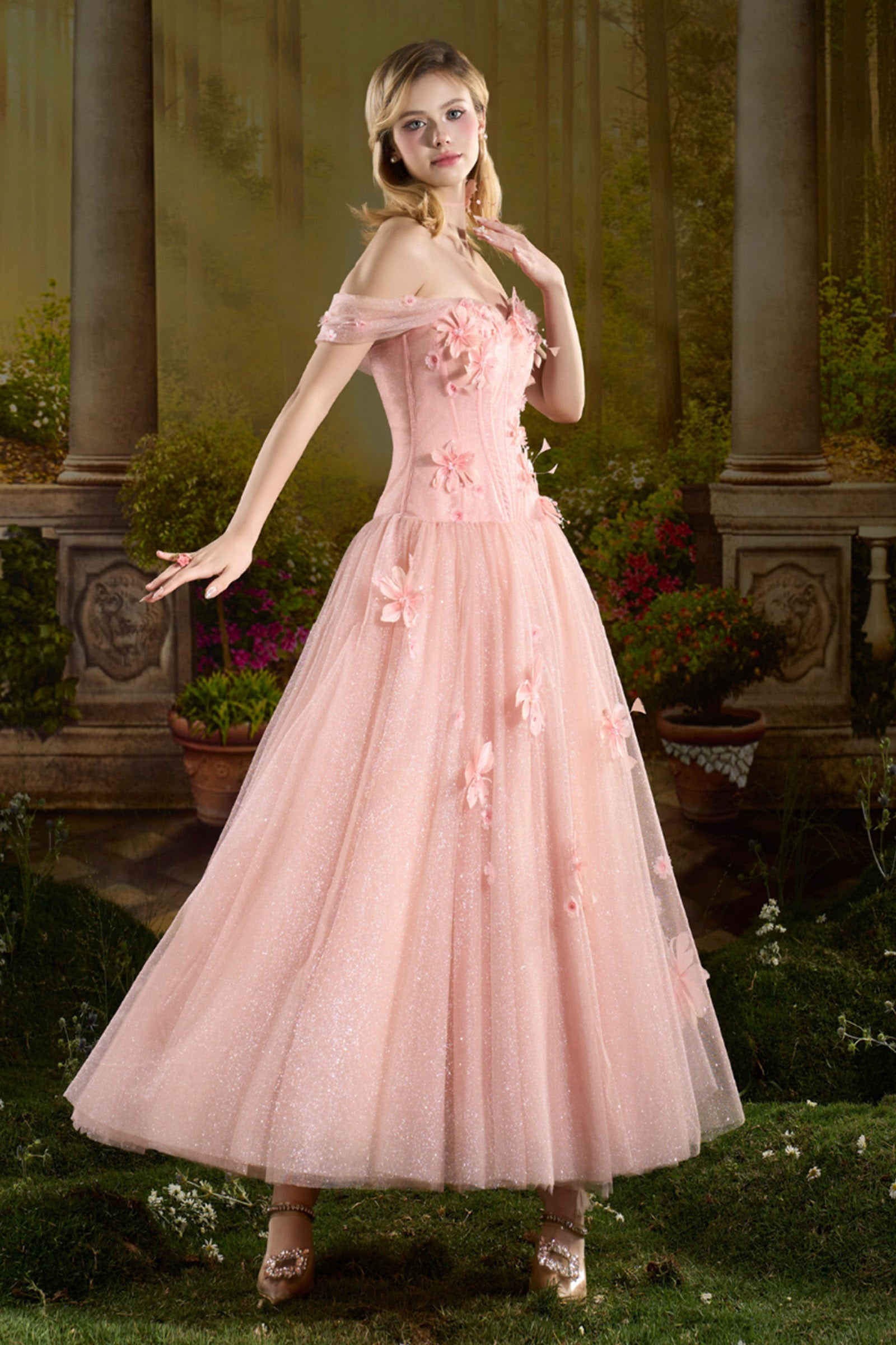 Women's Rosaline Off-Shoulder Applique Maxi Dress XS/S/M/L/XL/Customize  Pastel Pink MEAN BLVD