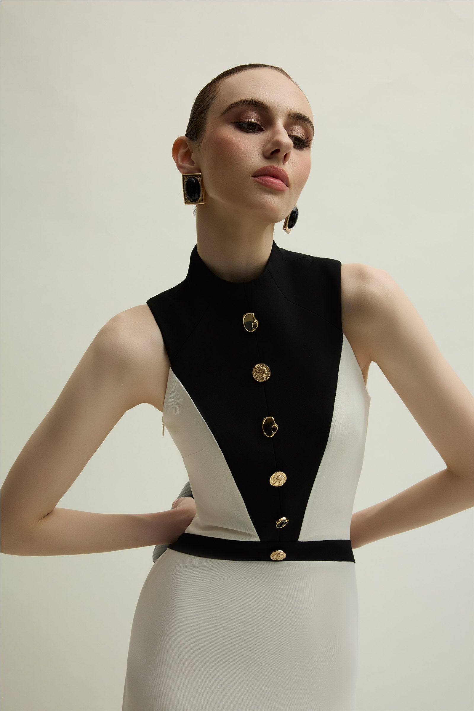 aster maxi dress Women's Aster High Neck Button Maxi Dress S/M/L/XL/XXL/Customize Ivory & Black MEAN BLVD Ivory & Black / L