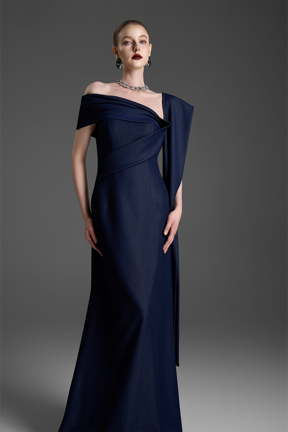 Mireille Asymmetric Neck Draped Maxi Dress