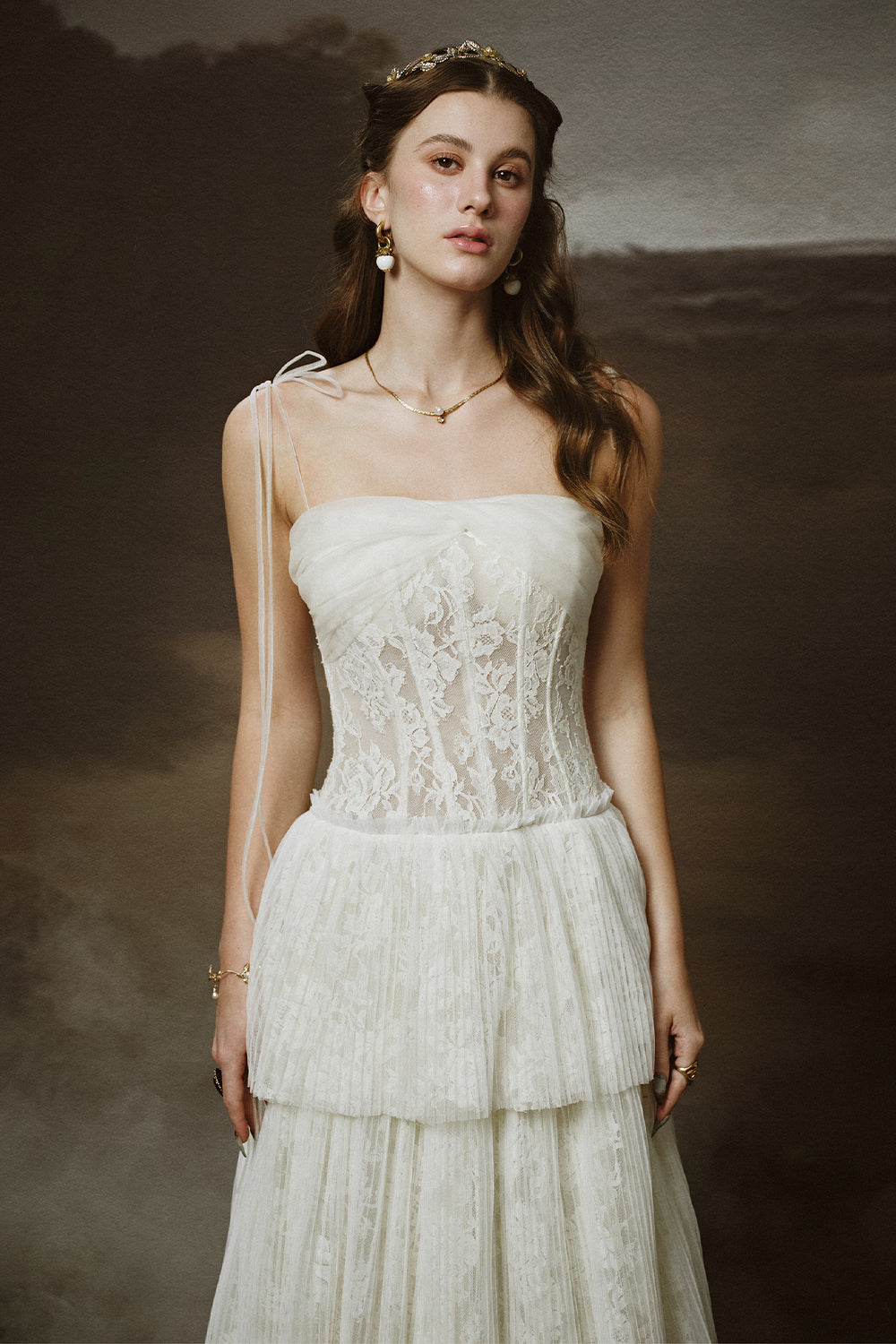 Hestia Tiered Tie String Lace Floor Length Dress