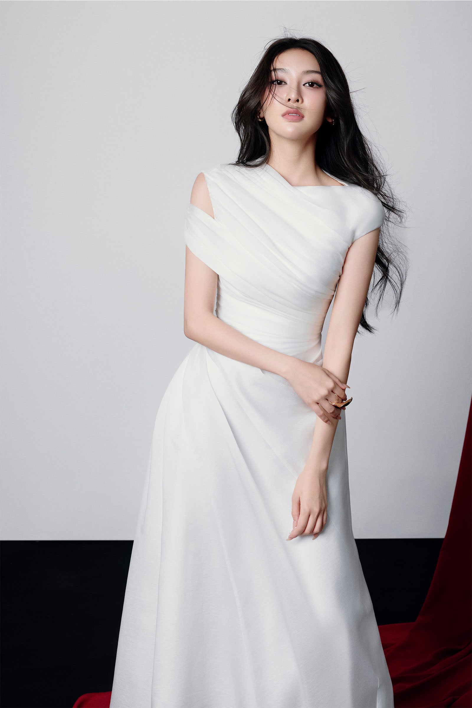 Maia Asymmetric Sleeve Draped Midi Dress