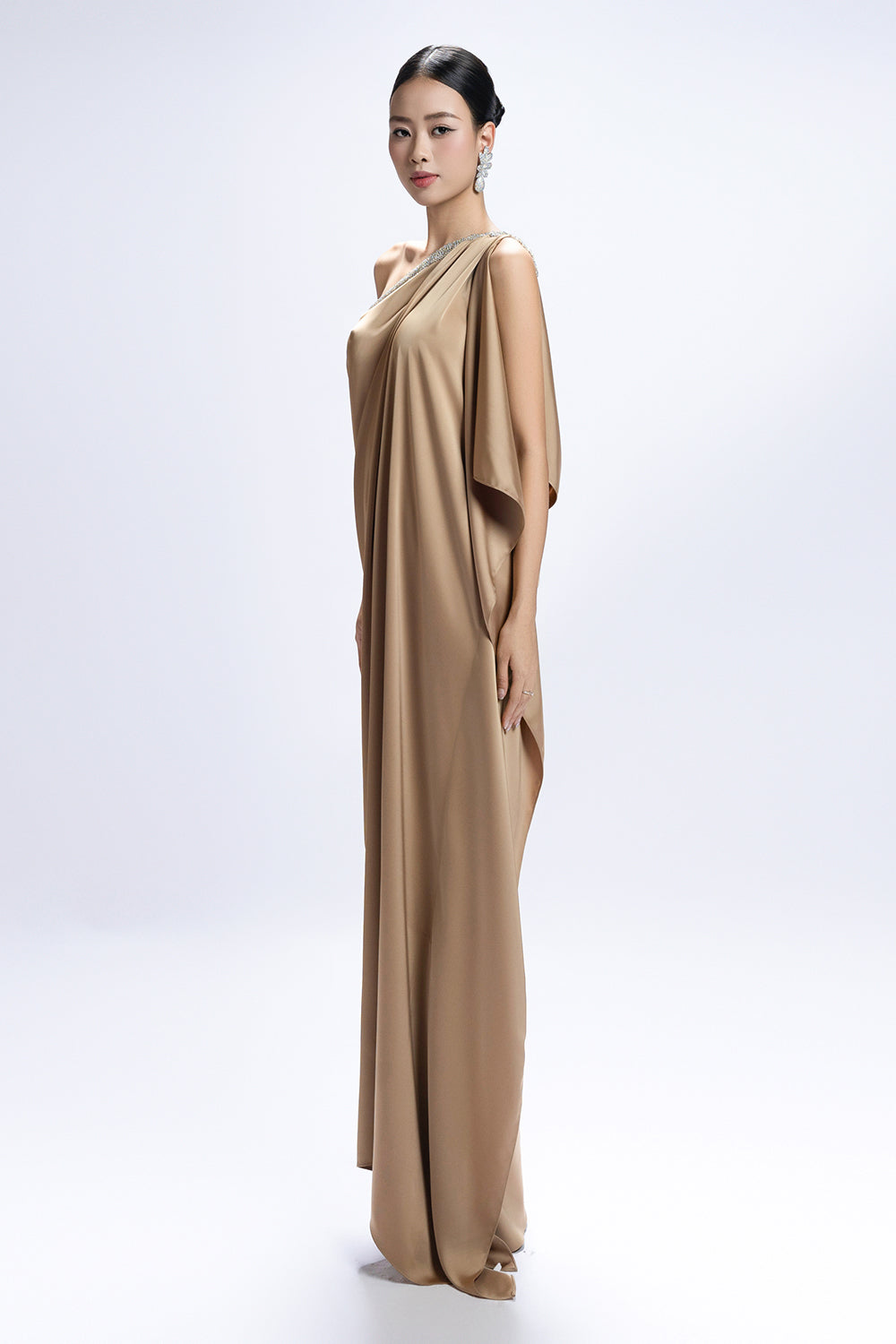 althea maxi dress Women's Althea One Shoulder Draped Maxi Dress S/M/L/XL/XXL/Customize Camel  MEAN BLVD