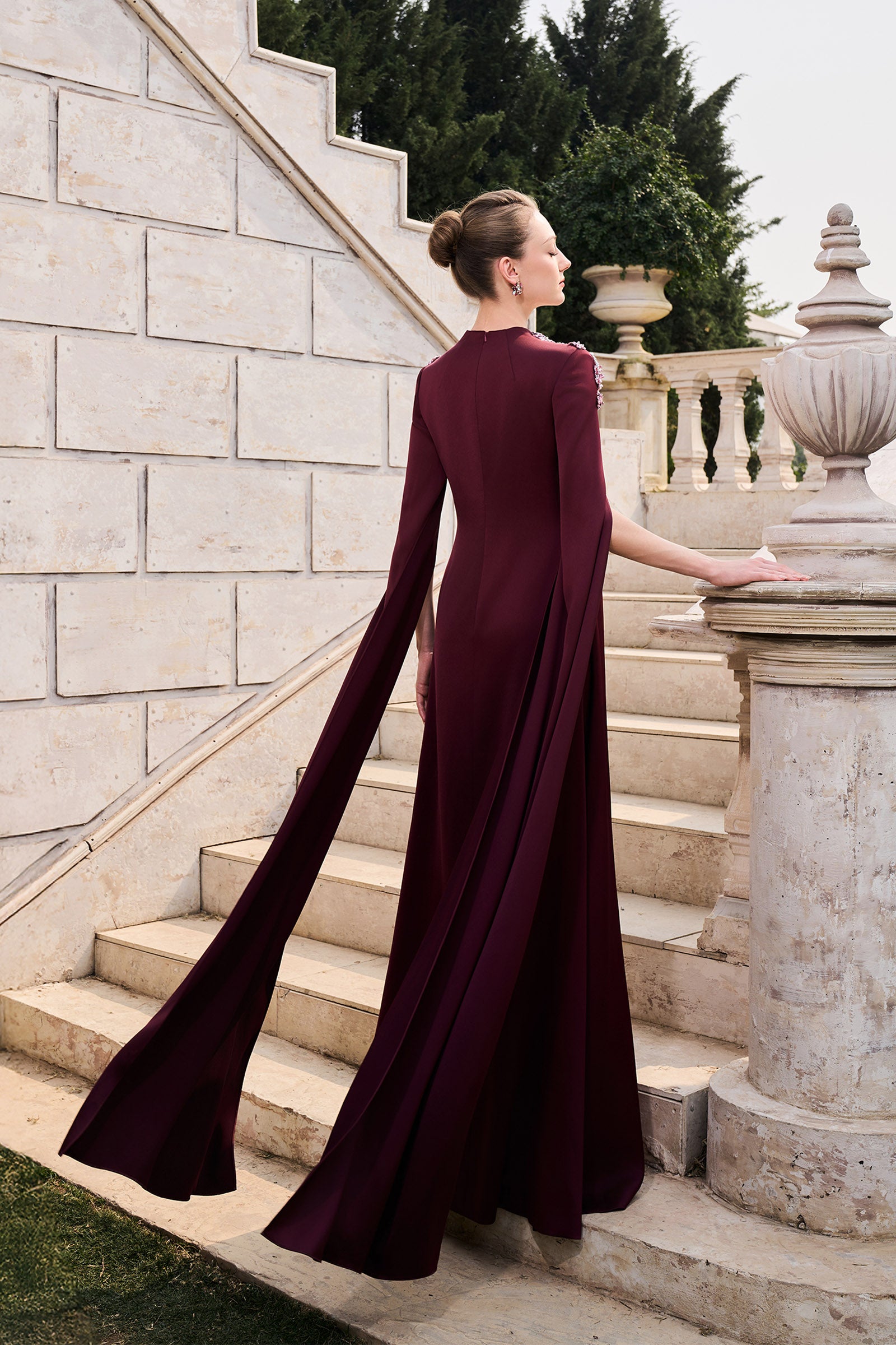 Women's Autumn Cape Sleeve Maxi Dress Burgundy XS/S/M/L/XL/XXL/Customize MEAN BLVD Burgundy / XXL Women's Autumn Cape Sleeve Maxi Dress Burgundy XS/S/M/L/XL/XXL/Customize MEAN BLVD Burgundy / XXL