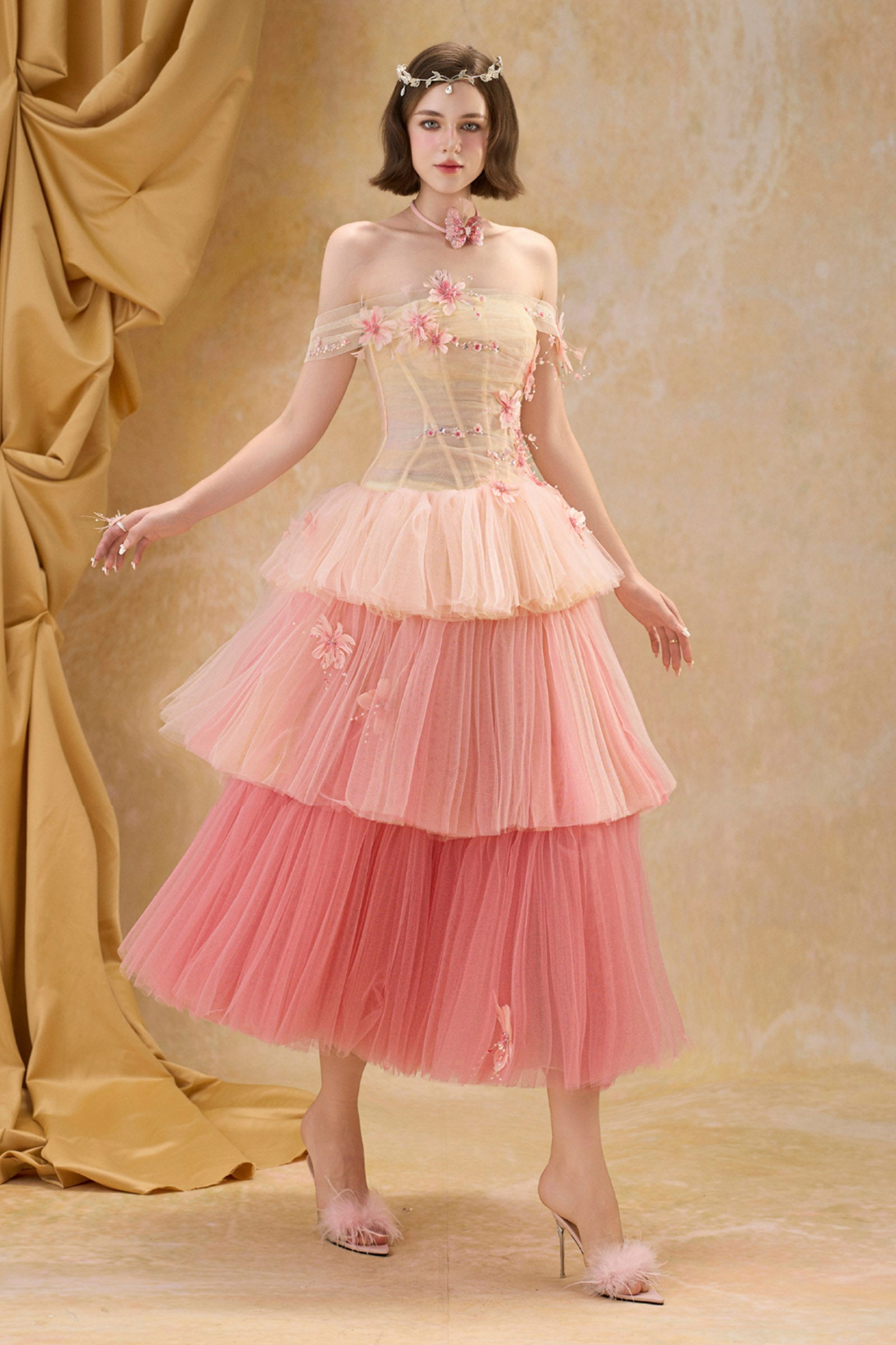 Women's Ceries Off-Shoulder Applique Midi Dress XS/S/M/L/XL/Customize Cream  & Pastel Pink MEAN BLVD