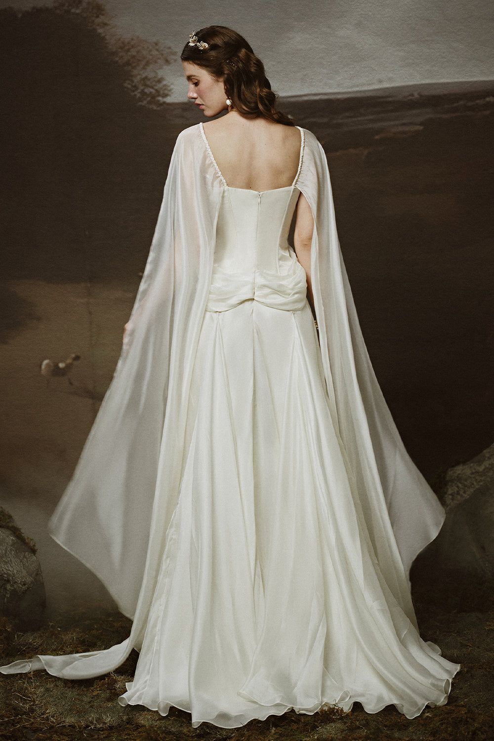 Thalia A-line Cape Sleeved Chiffon Floor Length Dress