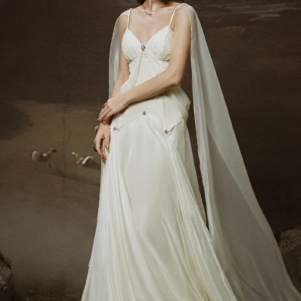 Thalia A-line Cape Sleeved Chiffon Floor Length Dress