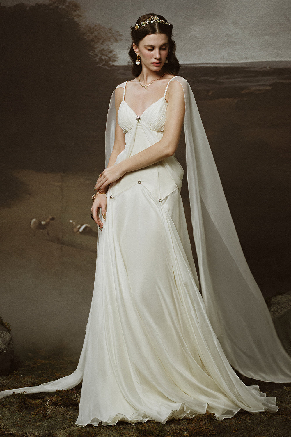 Thalia A-line Cape Sleeved Chiffon Floor Length Dress