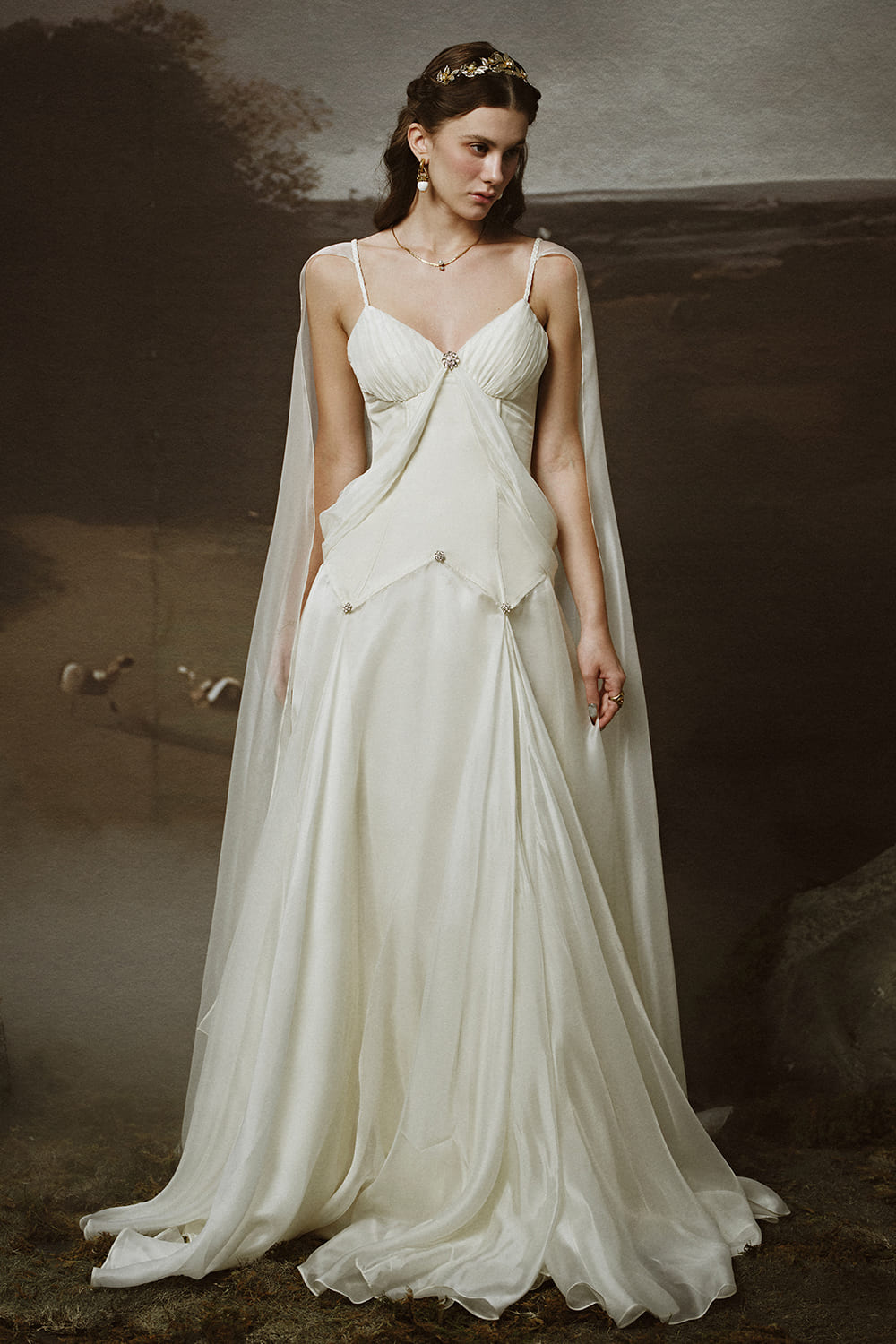 Thalia A-line Cape Sleeved Chiffon Floor Length Dress