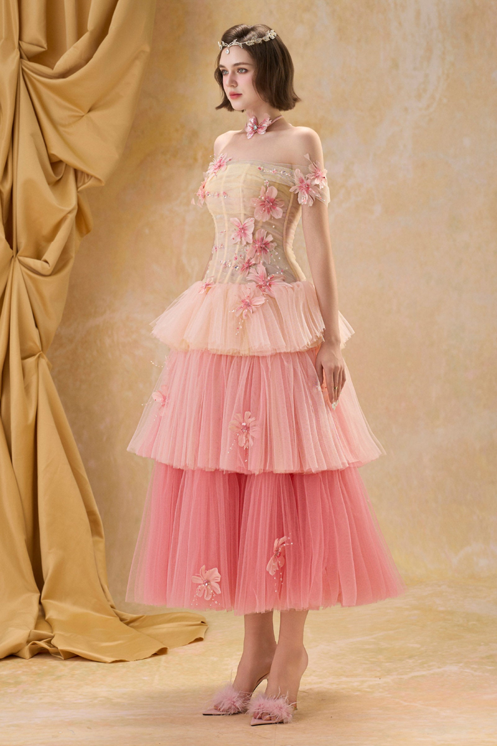 Ceries Off-Shoulder Applique Midi Dress