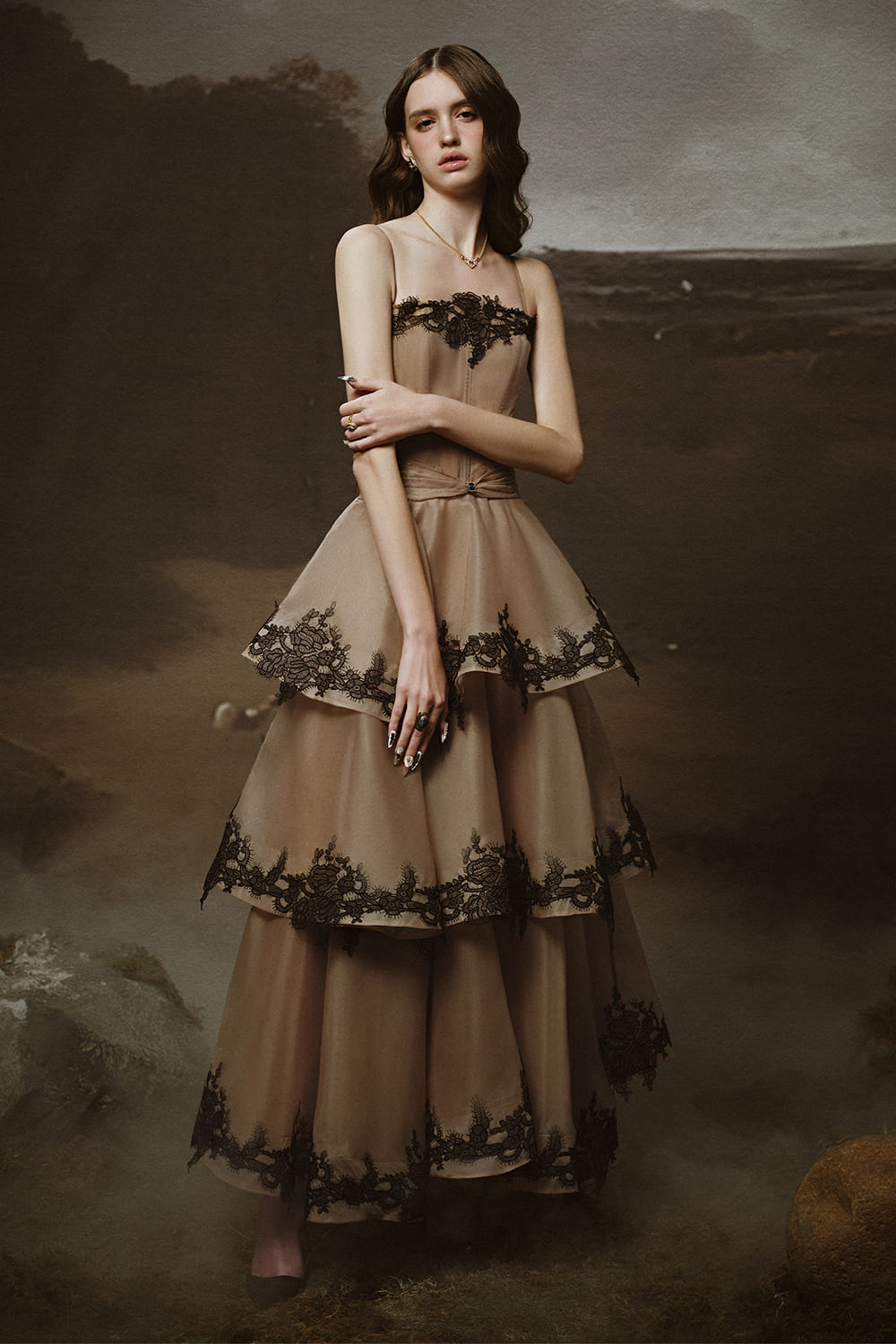 tiered corset dress Roma Waist Organza Ankle Length Wood Brown / M Color:Baby Pink Midi Office Dress Buying _okendo:syndication_key:CL135903312 line tiered skirt by