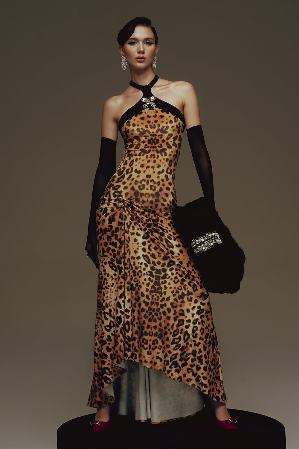 black leopard maxi dress Women's Eartha Halter Gathering Maxi Dress XS/S/M/L/XL/Customize Spicy Mustard & Black Leopard MEAN BLVD Spicy Mustard & Black / XL
