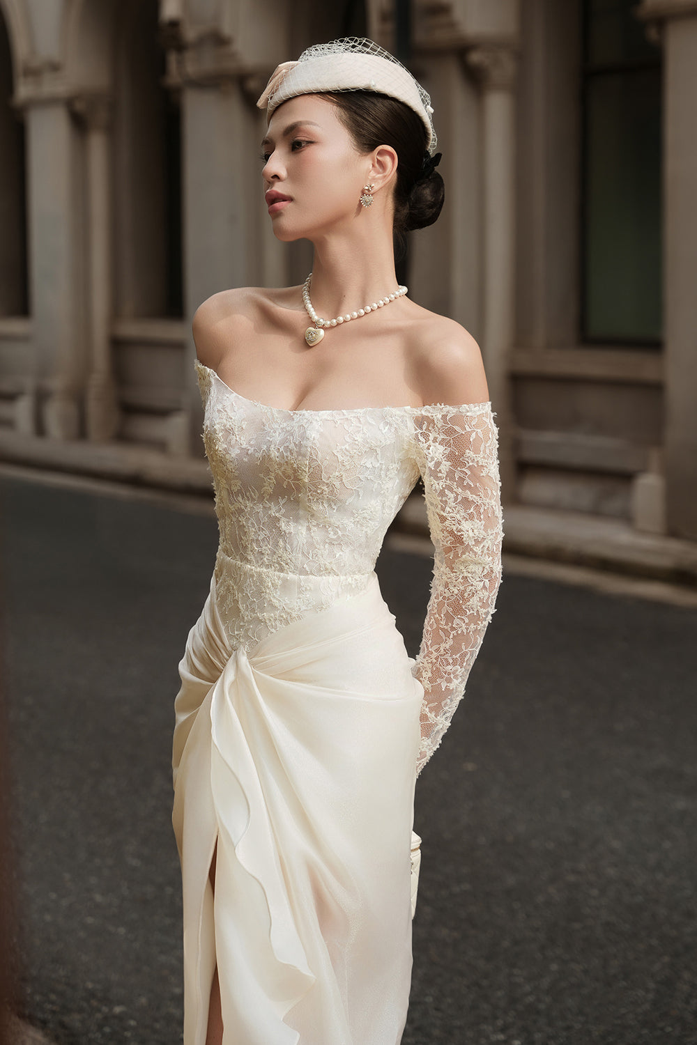 ivory lace wrap dress Ivory Coast Wrap Bodice Long Sleeve Sequin Wedding Dress