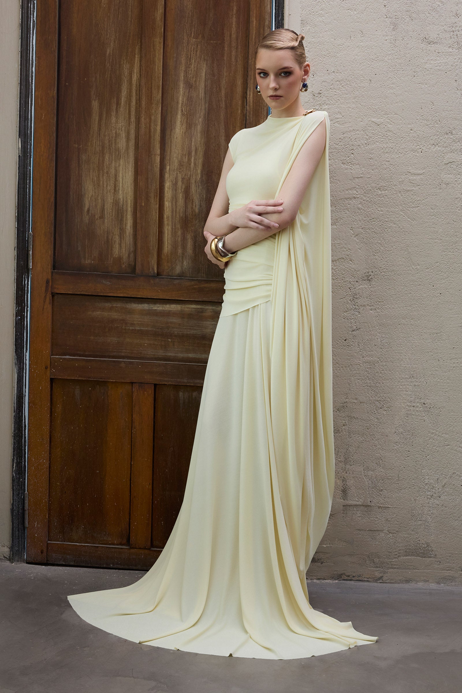 Minerva Boat Neck Gathering Maxi Dress