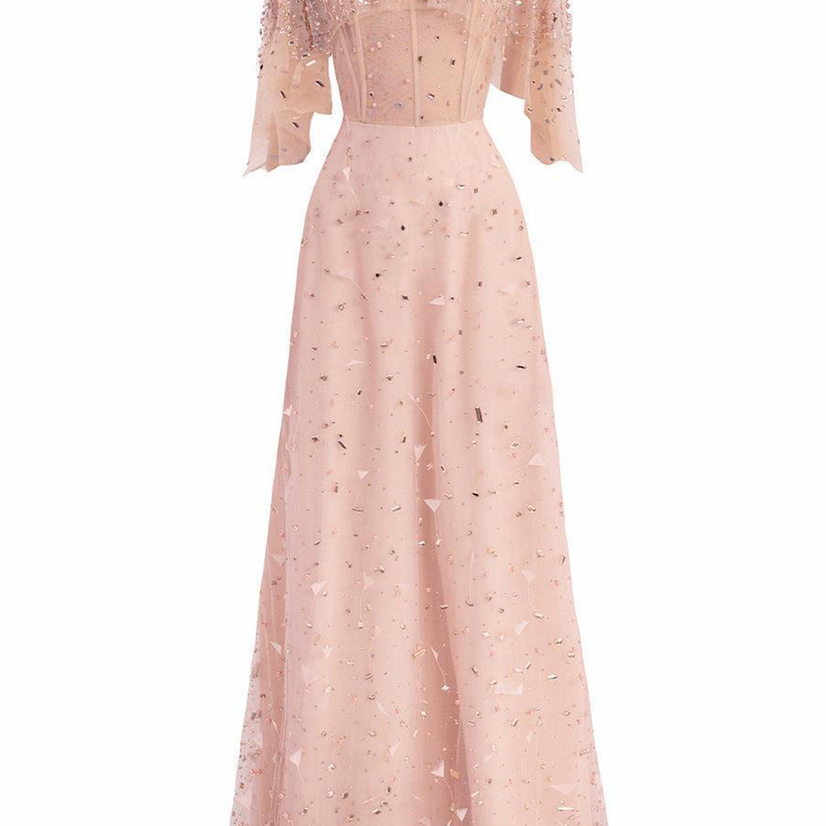 Hayes A-line Cape Sleeved Mesh Silk Floor Length Set