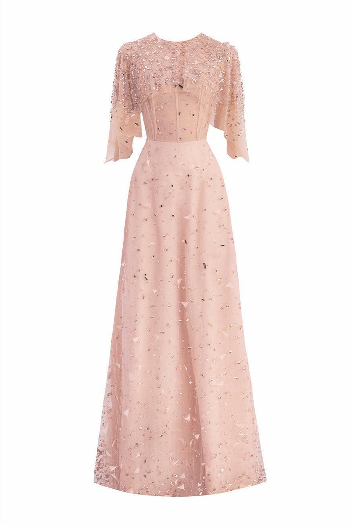 Hayes A-line Cape Sleeved Mesh Silk Floor Length Set