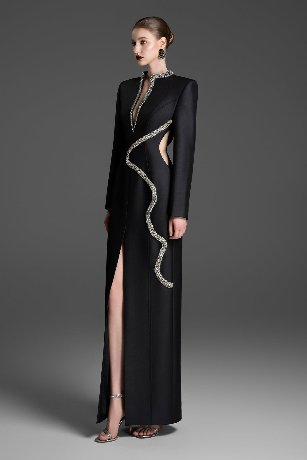 rhinestone maxi dress KE Miss Cocky mesh lining. Black Velvet Rhinestone Maxi Dress
