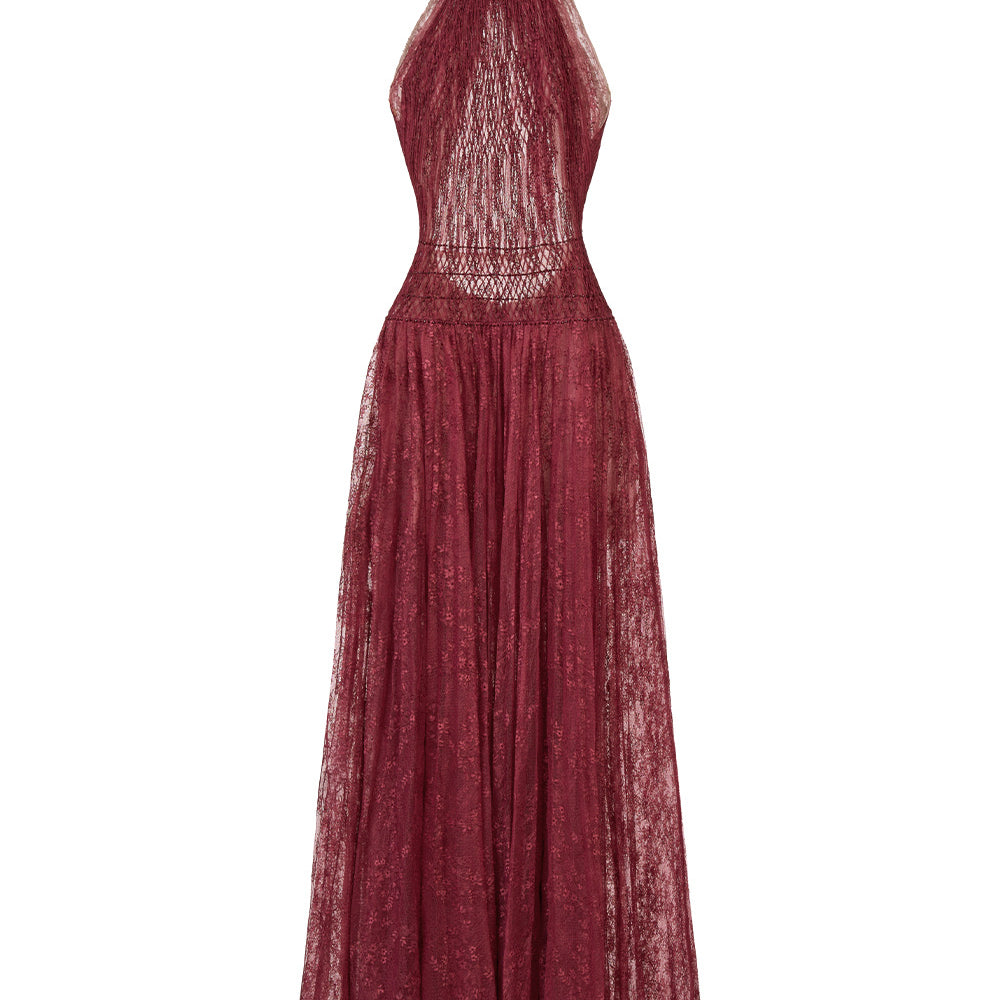 Burgundy Smocked Lace Maxi Dress