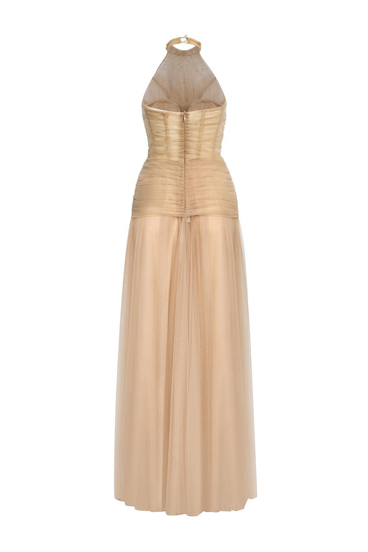 Luxueuse Flared Halter Neck Mesh Long Length Dress