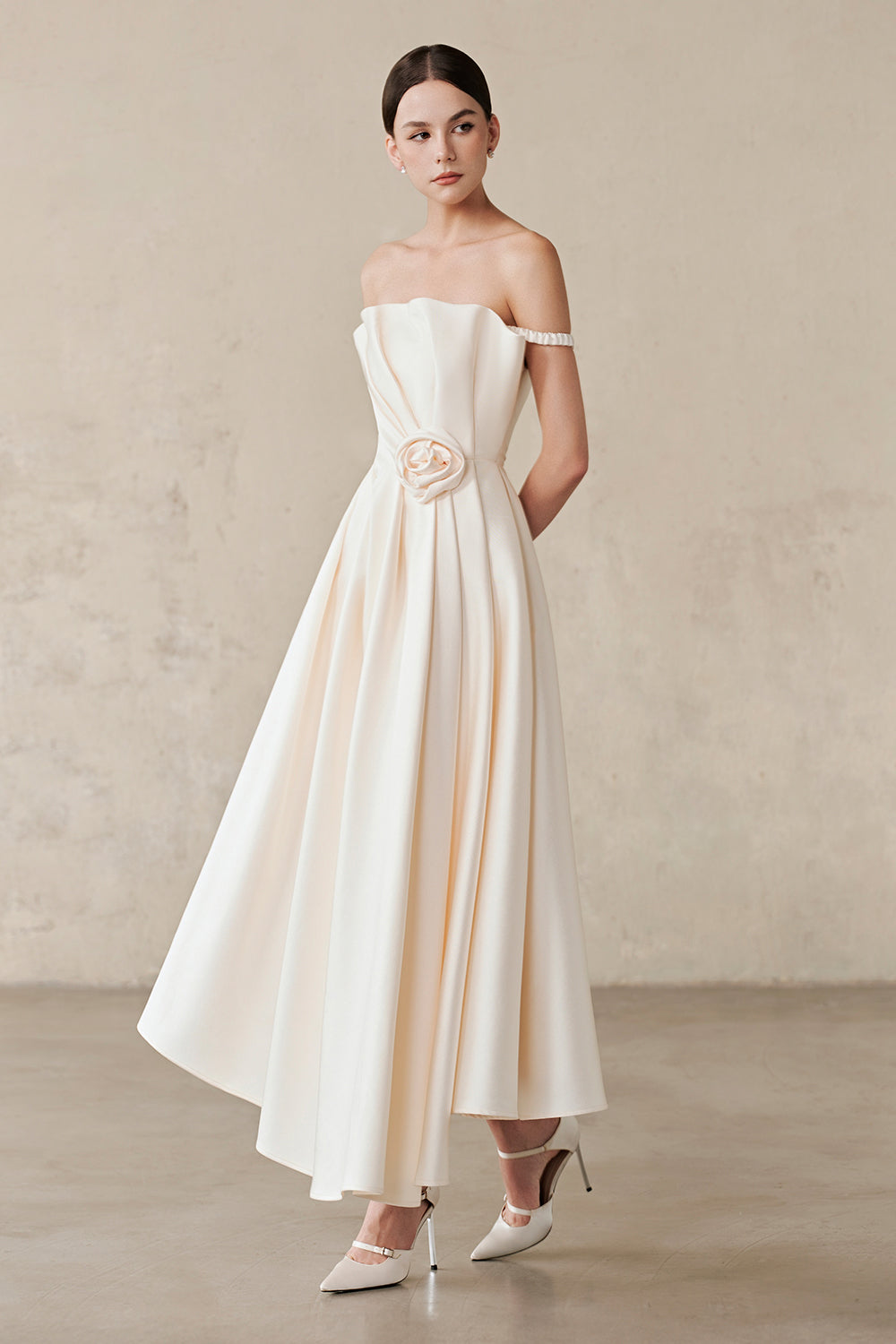Women's Flora Off-Shoulder Draped Midi Dress S/M/L/Customize Cream White MEAN BLVD Cream White / Customize