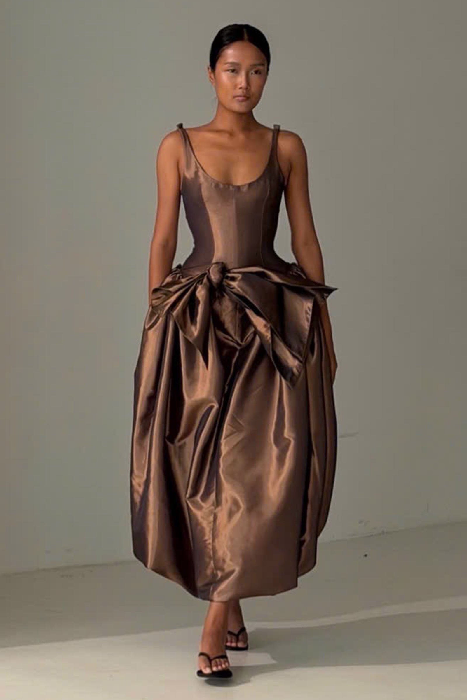 brown bubble dress in Toffee L wave pattern integrated throughout the fabric brown bubble hem dress Bubble