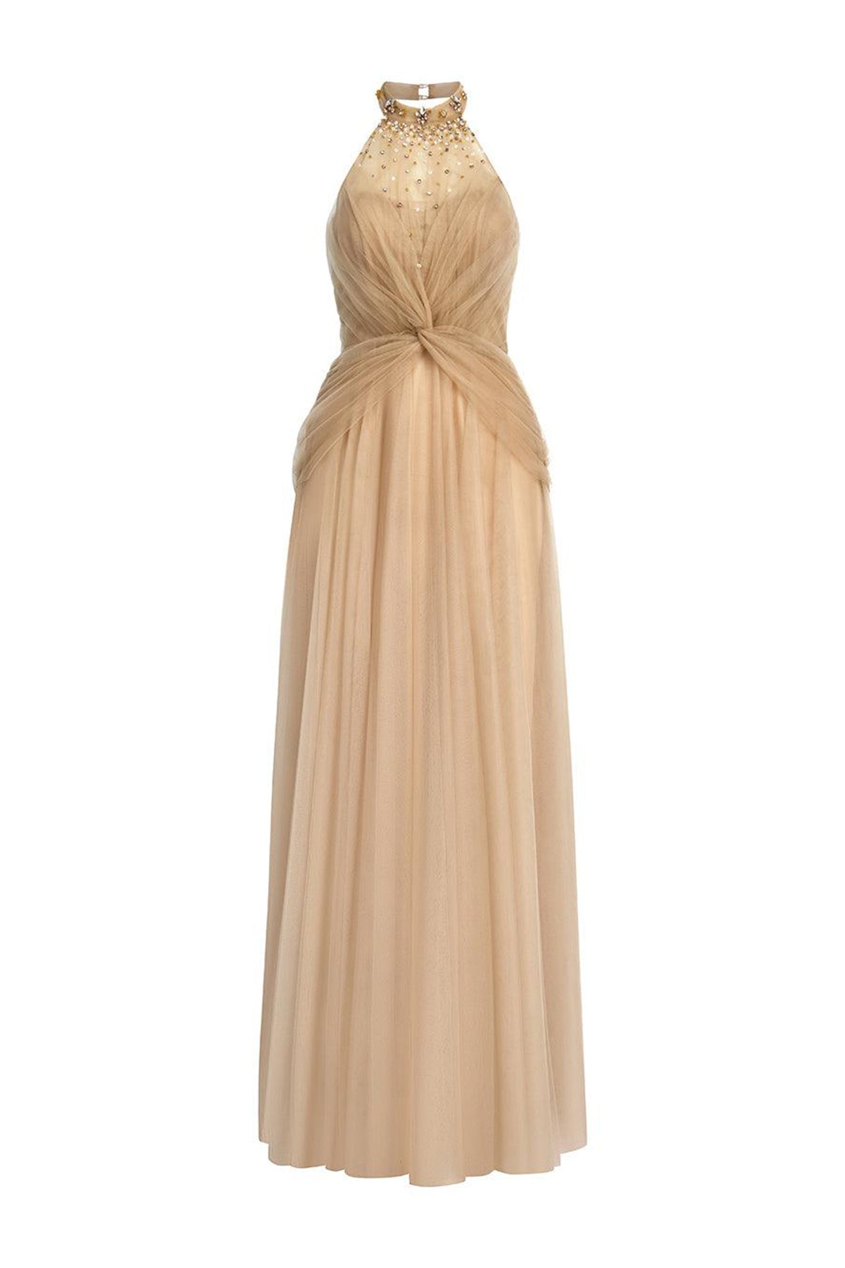 Luxueuse Flared Halter Neck Mesh Long Length Dress