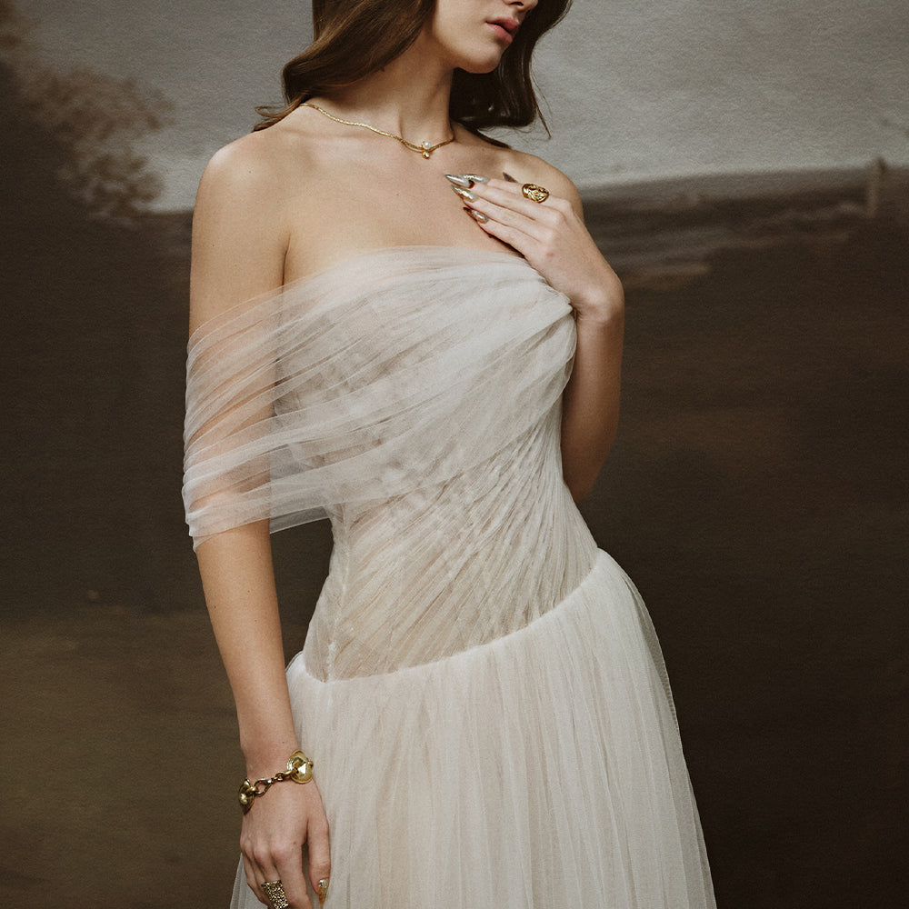 Seraphine A-line Asymmetric Shoulder Tulle Floor Length Dress