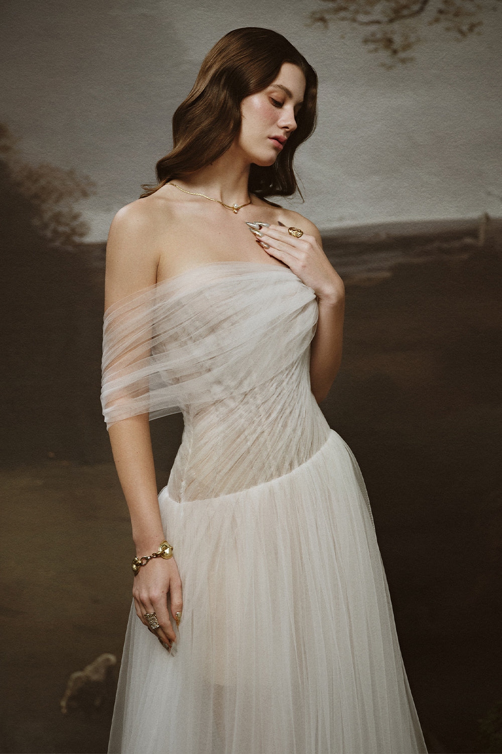 Seraphine A-line Asymmetric Shoulder Tulle Floor Length Dress