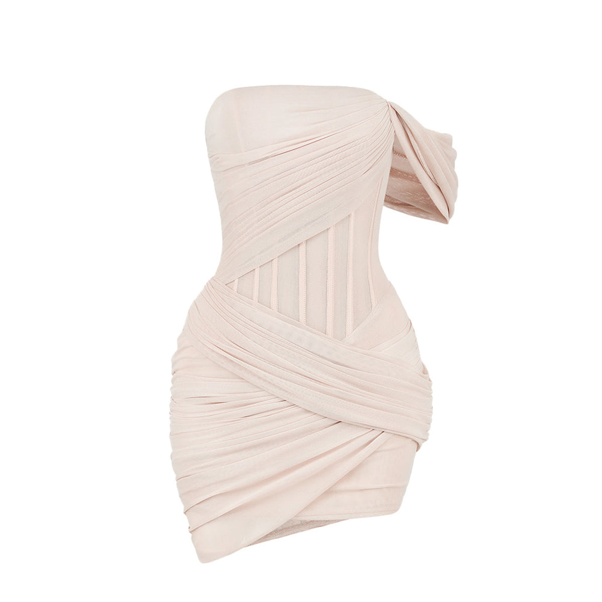 Ada Crossover Asymmetric Sleeved Mesh Spandex Mini Dress