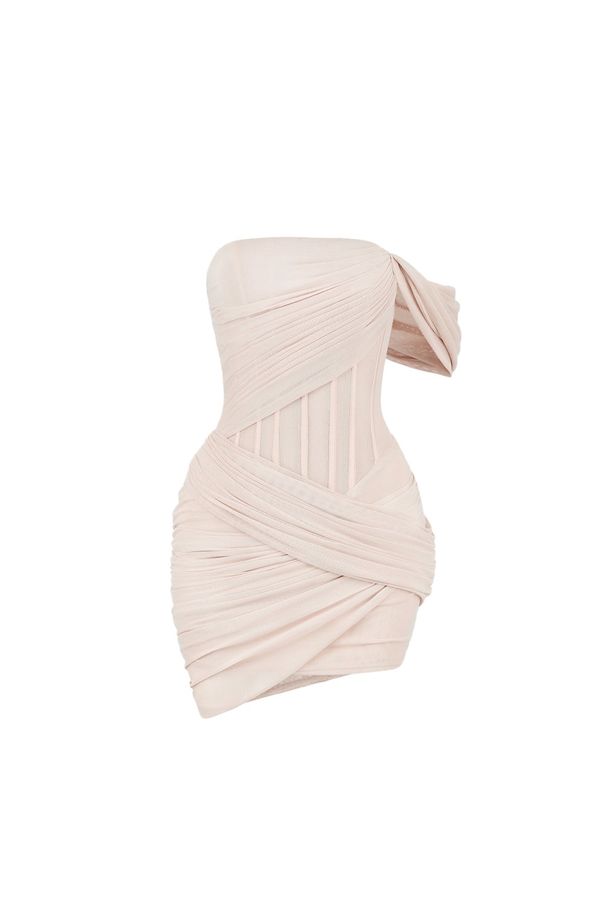 Ada Crossover Asymmetric Sleeved Mesh Spandex Mini Dress