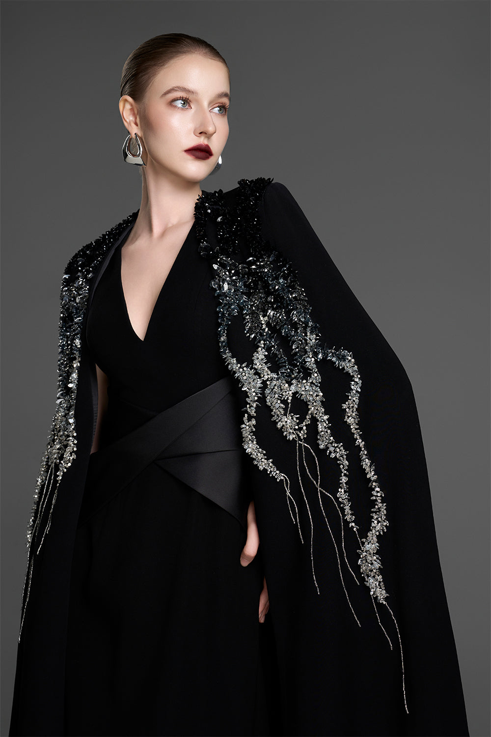 ingrid maxi dress Women's Ingrid Cape Sleeve Bead Maxi Dress XXS/XS/S/M/L/XL/XXL/Customize Black MEAN BLVD Black / S