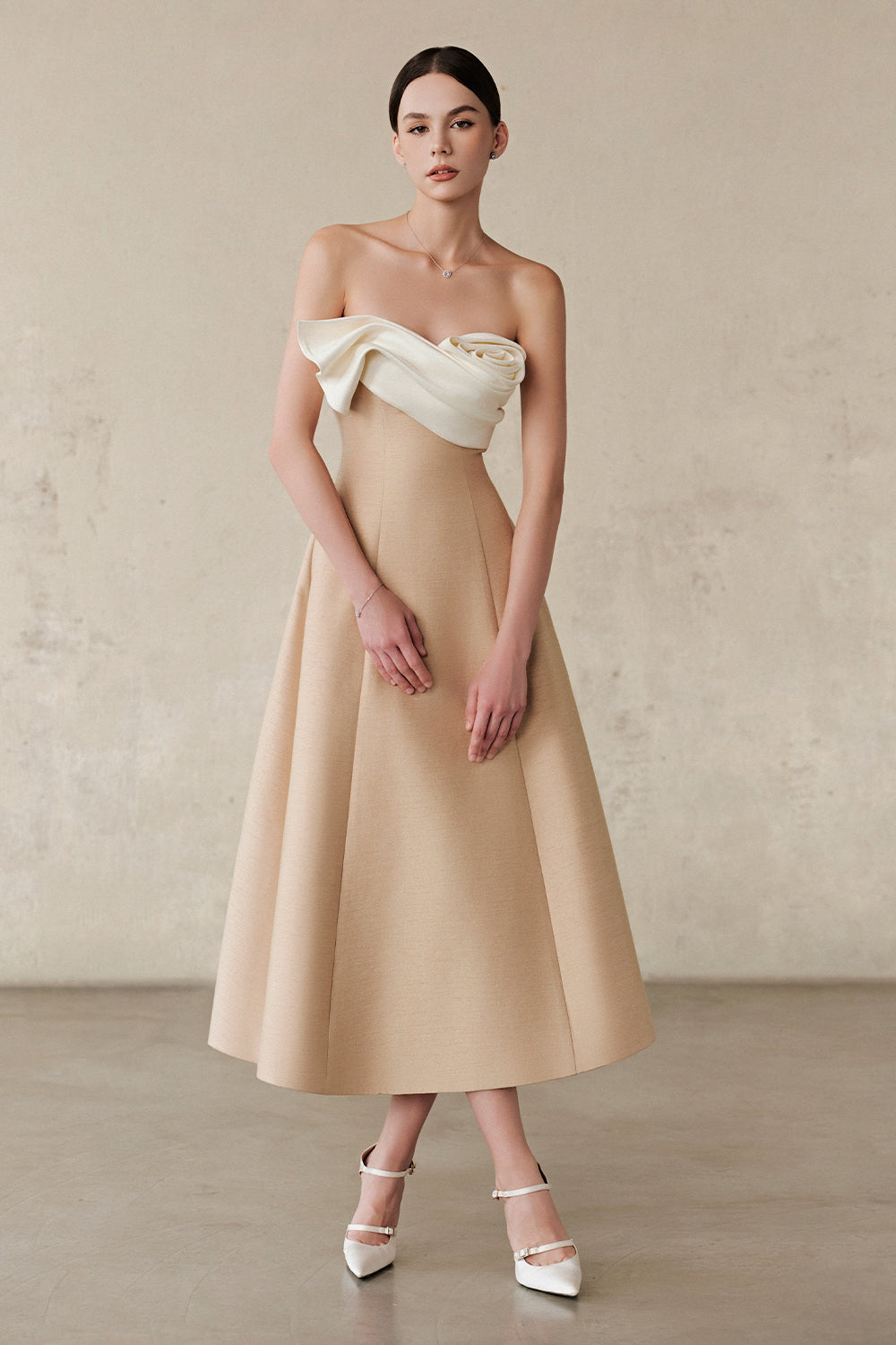 Women's Davina Straight Across Ruffle Midi Dress S/M/L/Customize Cream White & Almond Brown MEAN BLVD Women's Davina Straight Across Ruffle Midi Dress S/M/L/Customize Cream White & Almond Brown MEAN BLVD