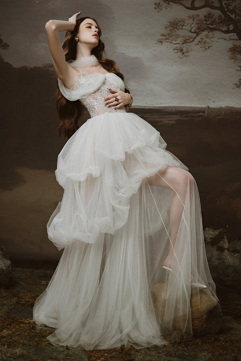 Nuvia Bubble Sleeveless Tulle Floor Length Dress