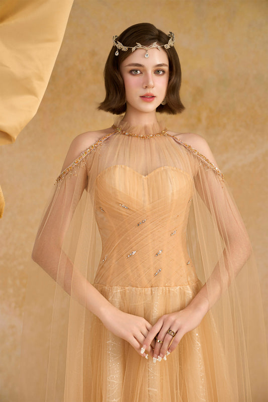 Charlotte Cape Sleeve Rhinestone Maxi Dress