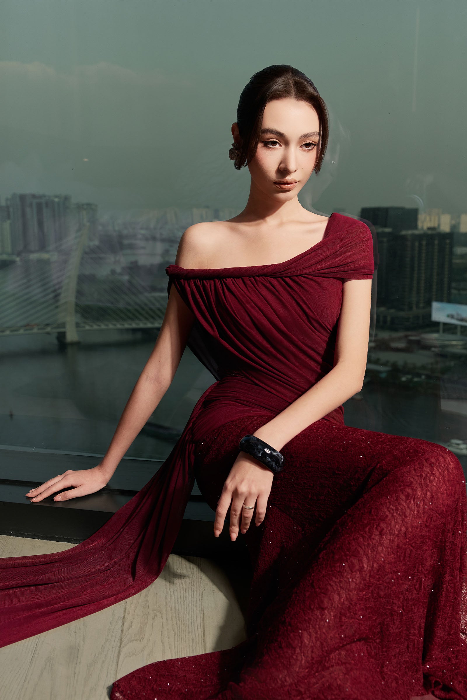Women's Flammer Off-Shoulder Maxi Dress Wine Red S/M/L/Customize MEAN BLVD Wine Red / Customize