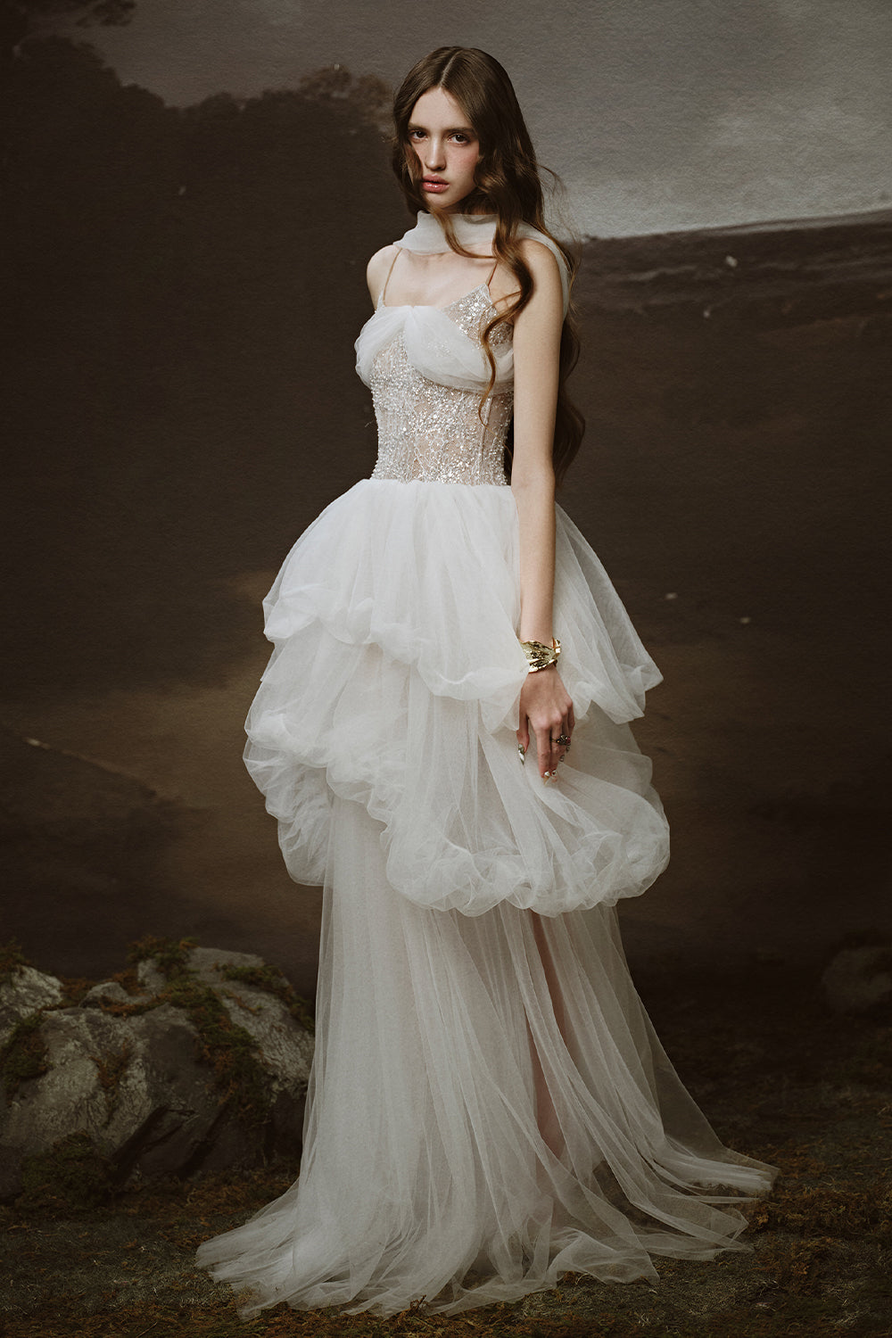 Nuvia Bubble Sleeveless Tulle Floor Length Dress
